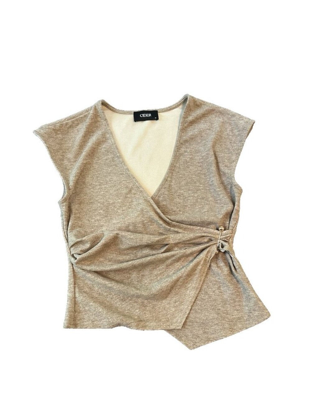 Cider Womens M Brown Tan Wrap Top Ruched Surplice Asymmetrical Cap‎ Sleeve Y2K